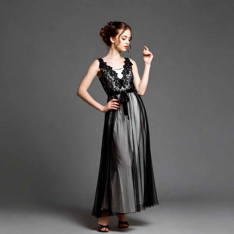 Woman in black lace evening gown Woman in black lace evening gown