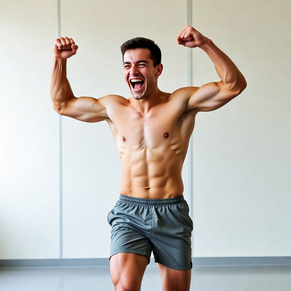 Muscular man flexing arms triumphantly Muscular man flexing arms triumphantly