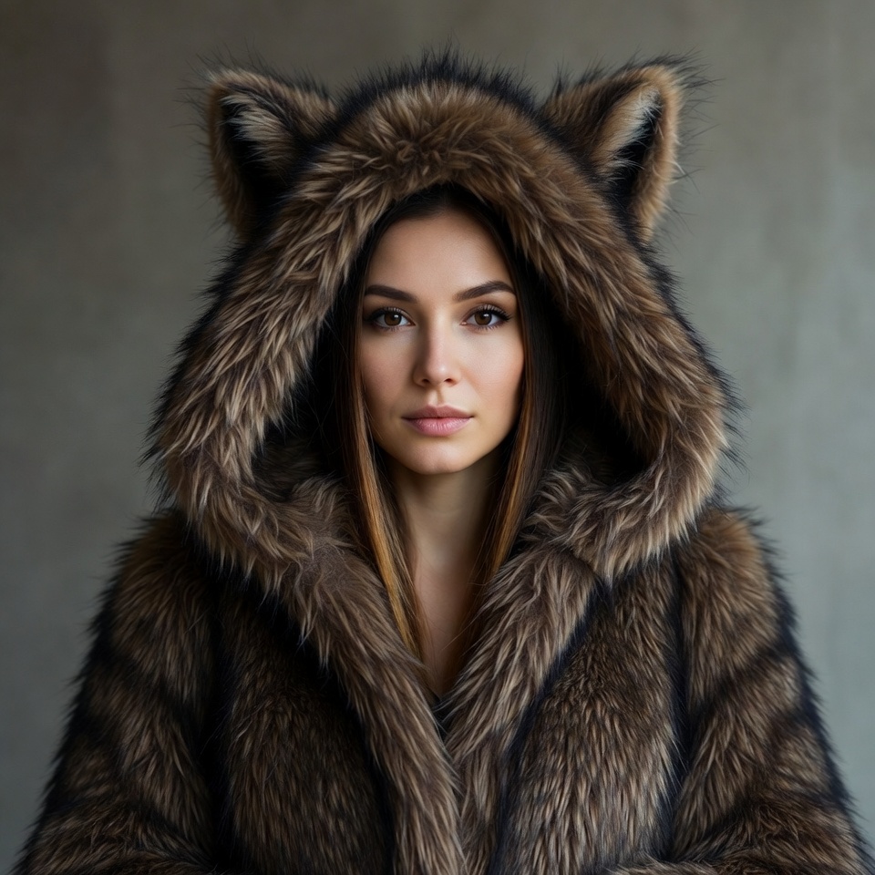 Woman in fox ear fur hood Woman in fox ear fur hood