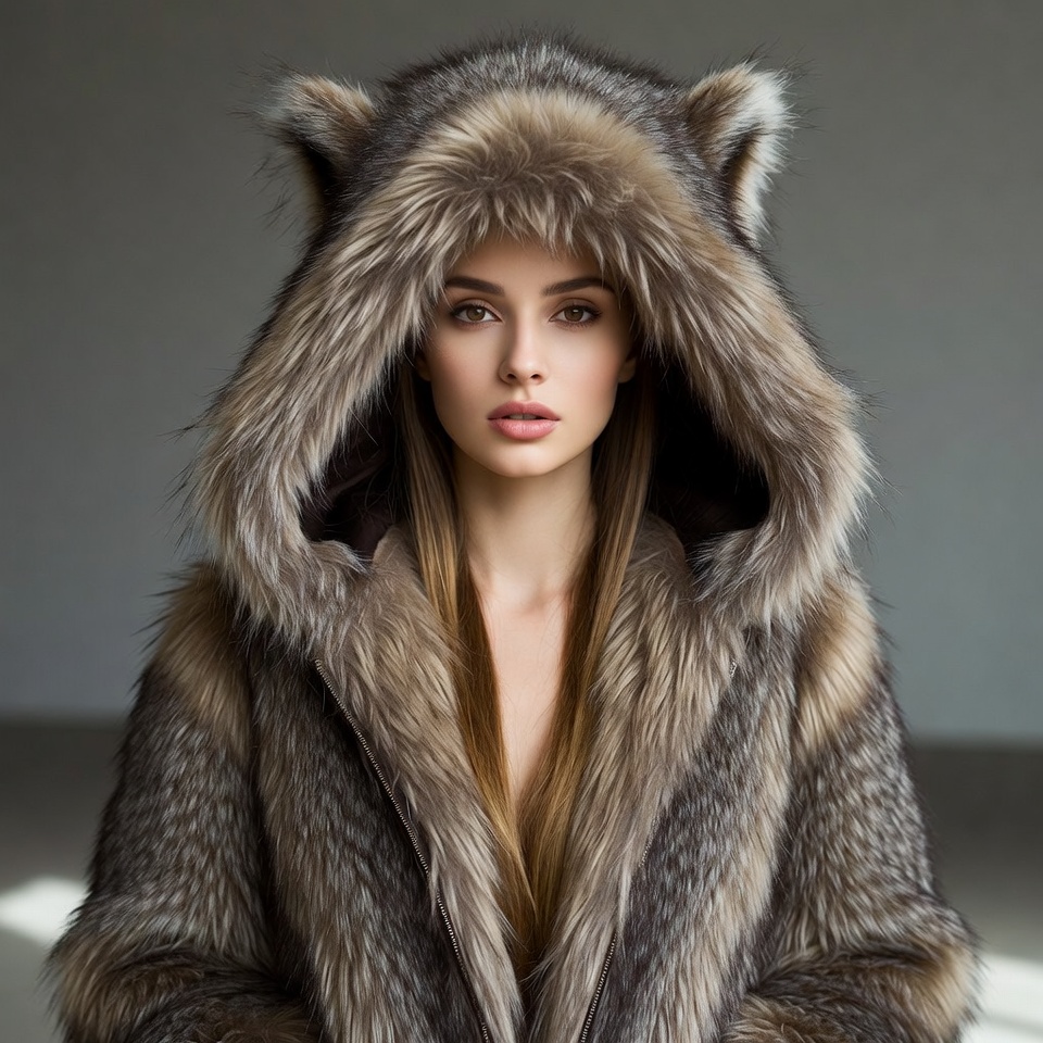 Woman in wolf ear fur hood Woman in wolf ear fur hood