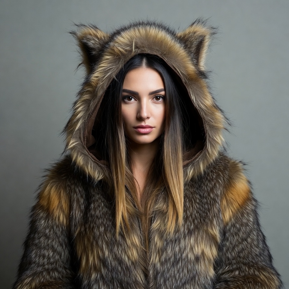 Woman in furry wolf hood Woman in furry wolf hood