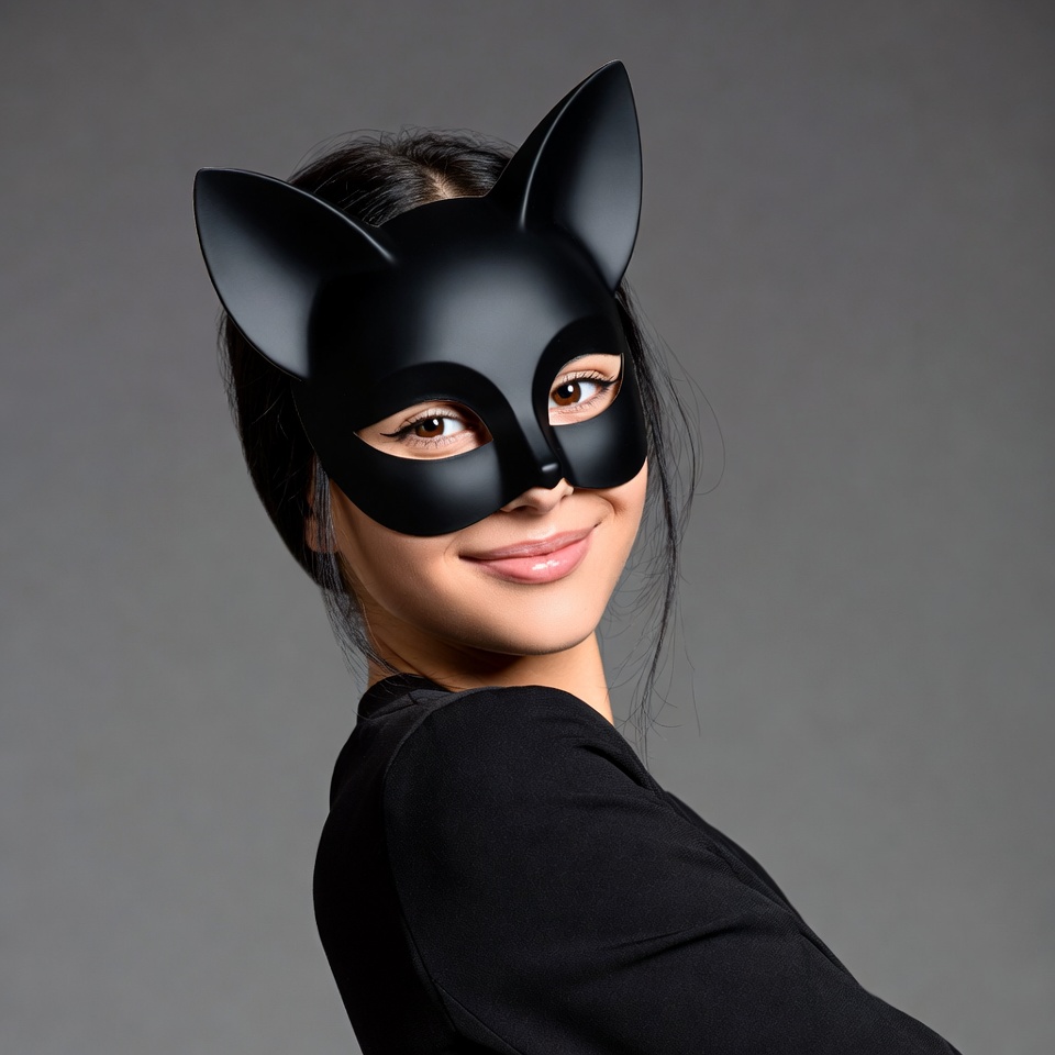 Woman wearing black cat mask Woman wearing black cat mask