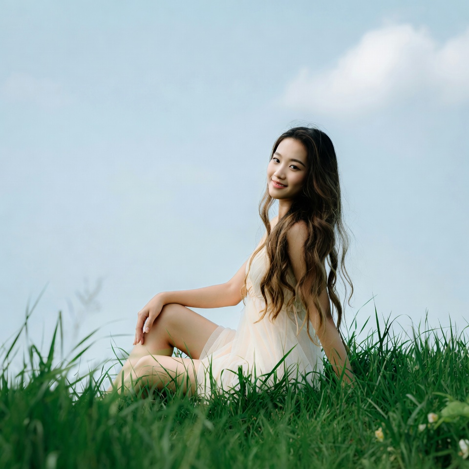 Asian woman sitting in grass Asian woman sitting in grass