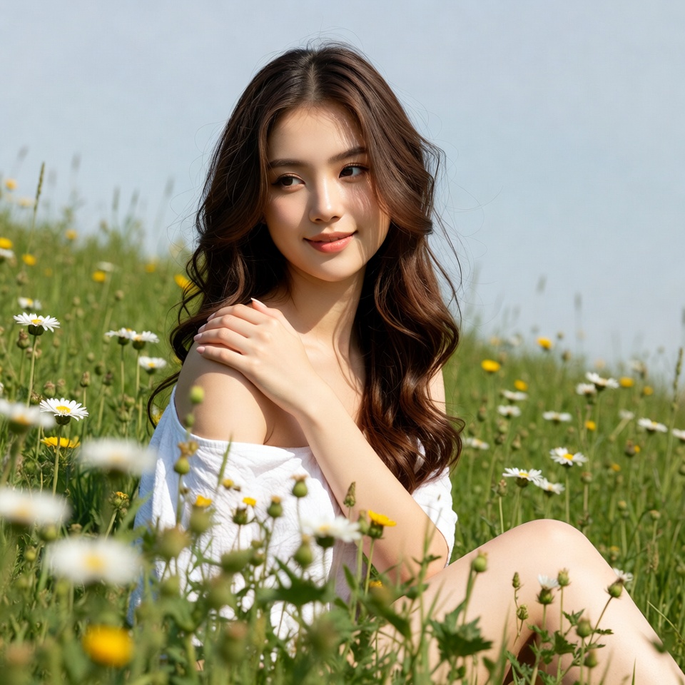 Asian woman in daisy field Asian woman in daisy field