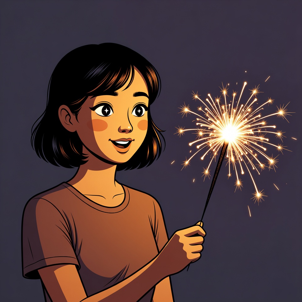 Asian girl holding lit sparkler Asian girl holding lit sparkler