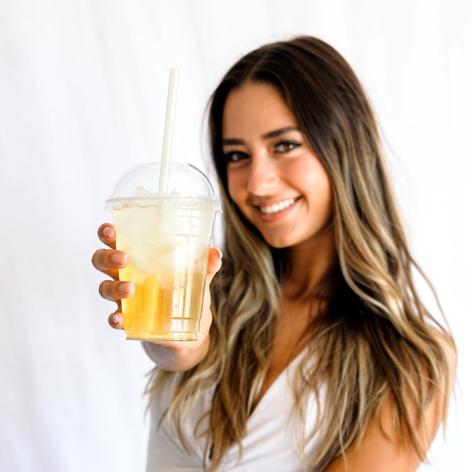 Woman holding iced drink Woman holding iced drink
