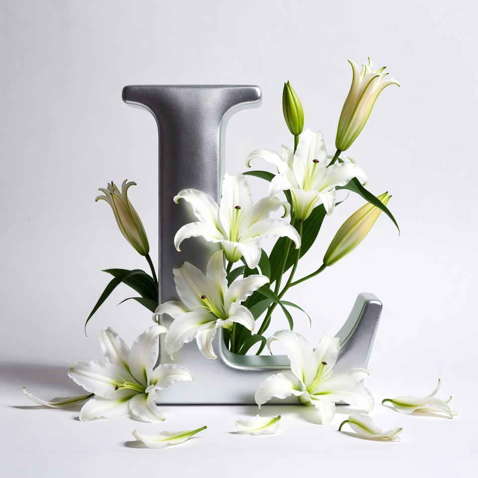 Lilies Arranged Around Silver Letter L Lilies Arranged Around Silver Letter L
