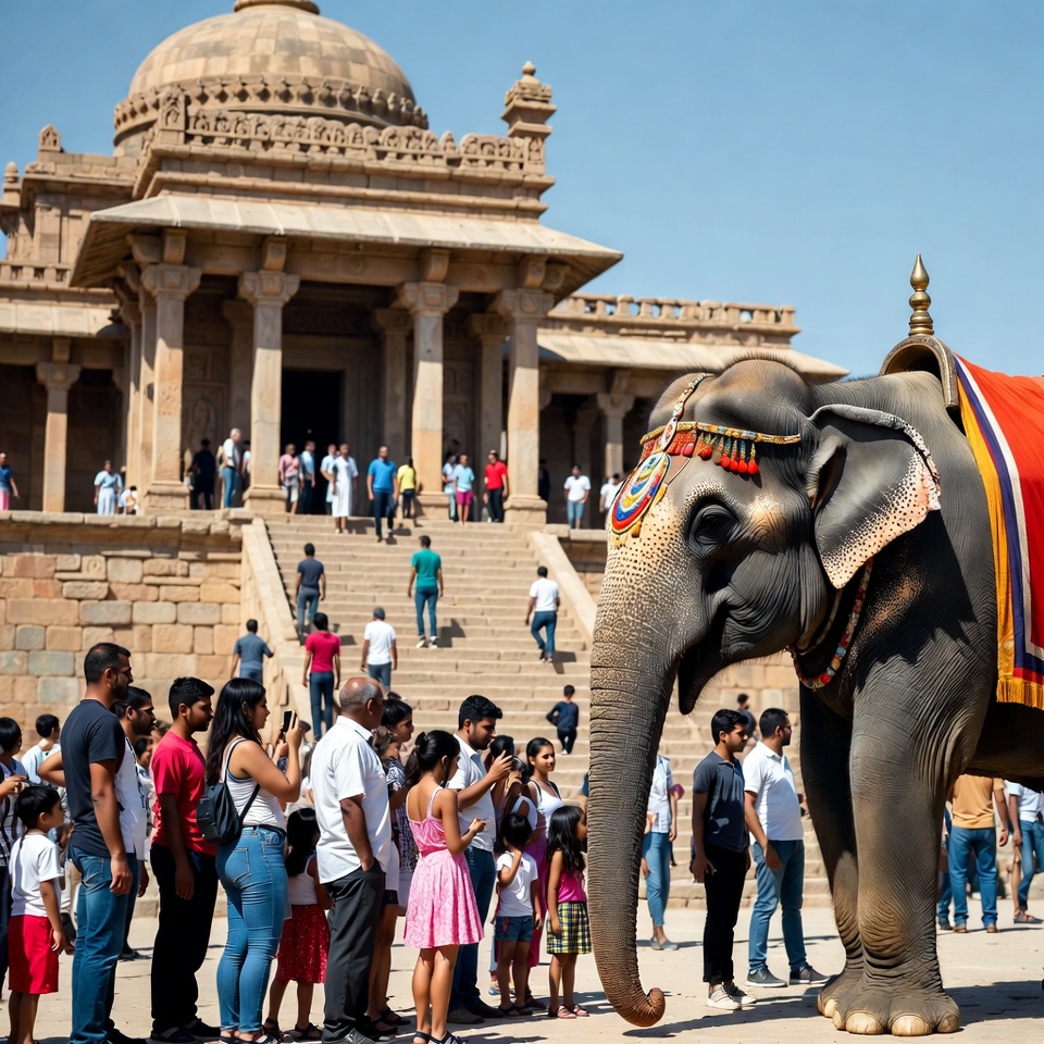 Decorated Elephant with Crowd at Temple Decorated Elephant with Crowd at Temple
