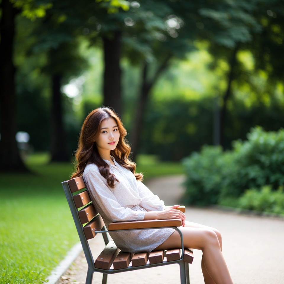 Asian woman sitting on park bench Asian woman sitting on park bench