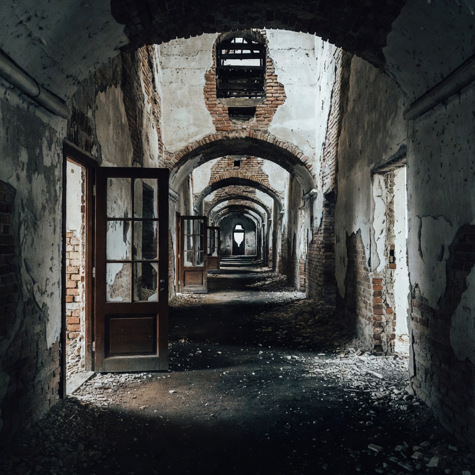 Abandoned Arched Hallway with Open Doors Abandoned Arched Hallway with Open Doors