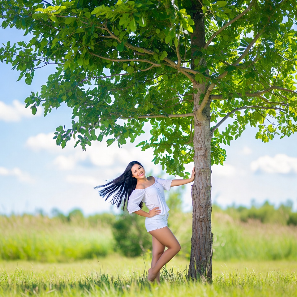Asian woman leaning against tree Asian woman leaning against tree