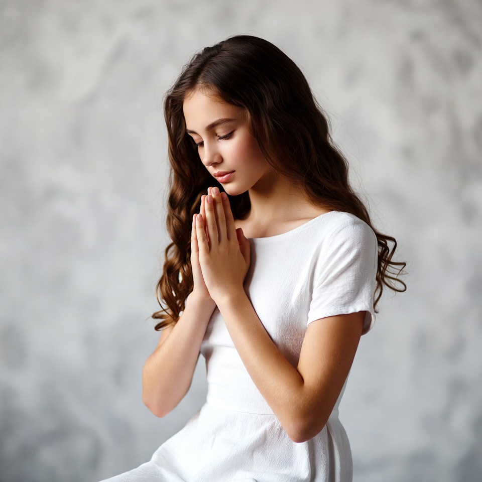 Girl praying with hands clasped Girl praying with hands clasped