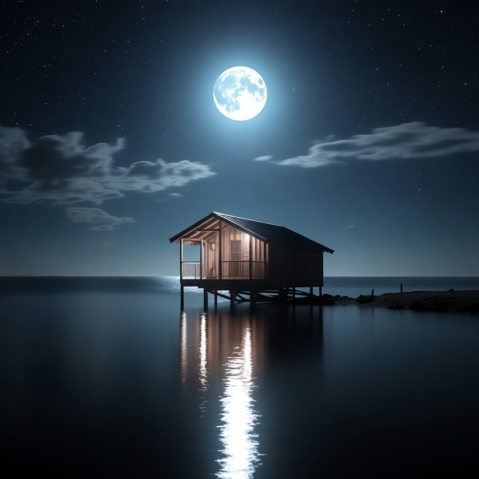 Wooden Cabin on Stilts by Moonlit Lake Wooden Cabin on Stilts by Moonlit Lake