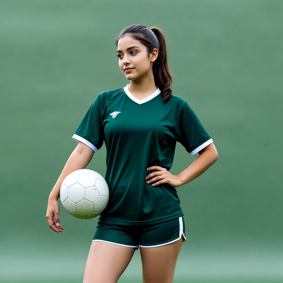 Girl in green soccer uniform holding ball Girl in green soccer uniform holding ball