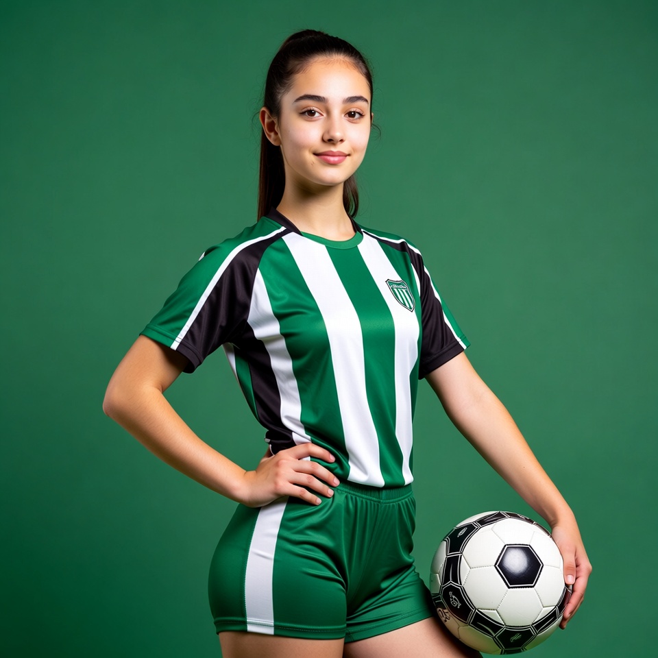 Girl in green soccer uniform holding ball Girl in green soccer uniform holding ball