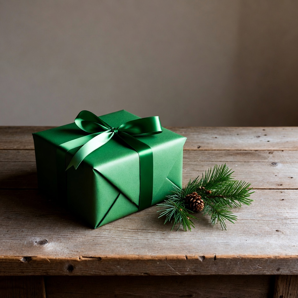 Green Wrapped Gift with Pine Cone Green Wrapped Gift with Pine Cone