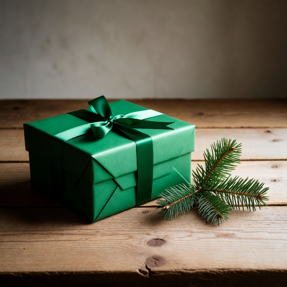 Green Gift Box with Bow and Spruce Green Gift Box with Bow and Spruce