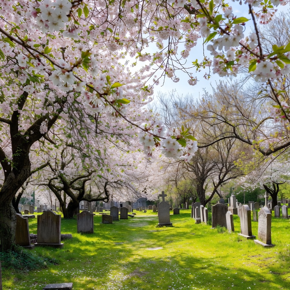 Cherry Blossoms Over Cemetery Path Cherry Blossoms Over Cemetery Path