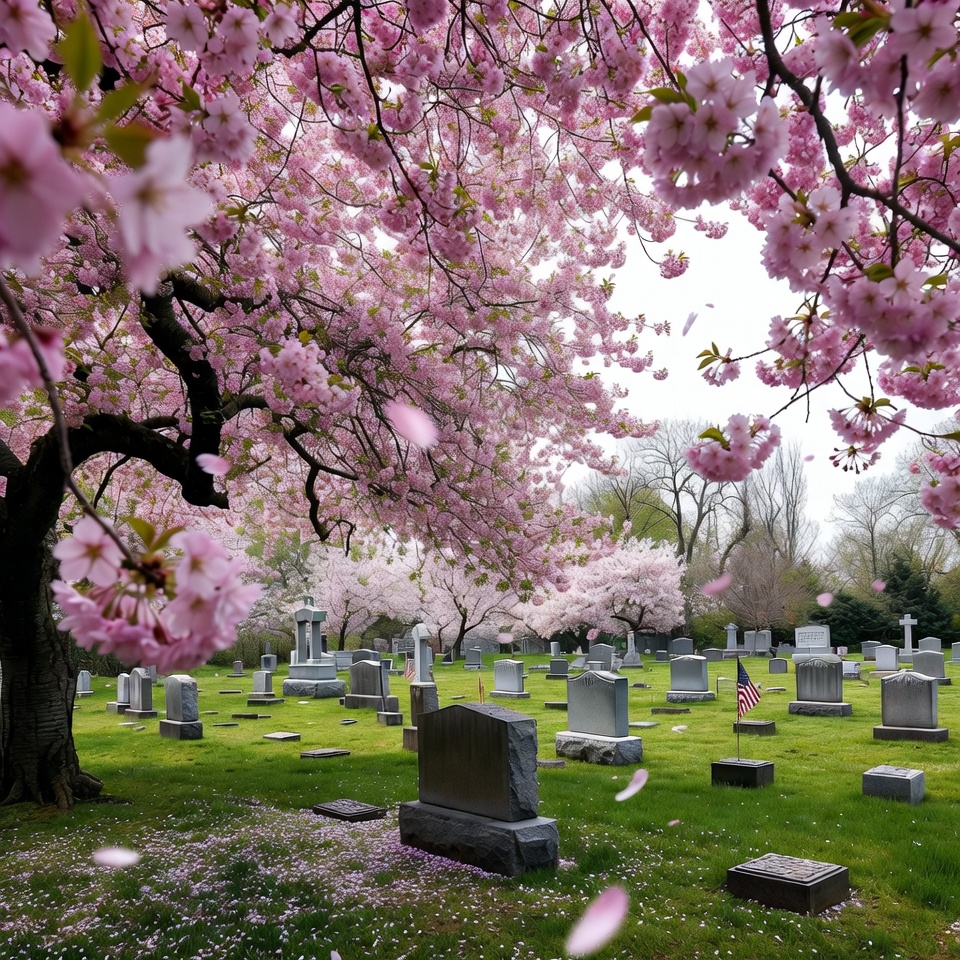 Cherry Blossoms Over Cemetery Gravestones Cherry Blossoms Over Cemetery Gravestones