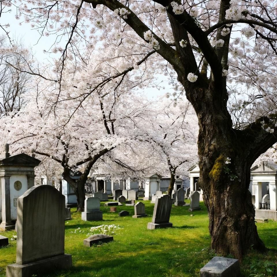 Cherry Blossoms Over Cemetery Gravestones Cherry Blossoms Over Cemetery Gravestones