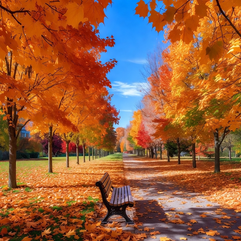 Autumn Tree-Lined Path with Bench Autumn Tree-Lined Path with Bench