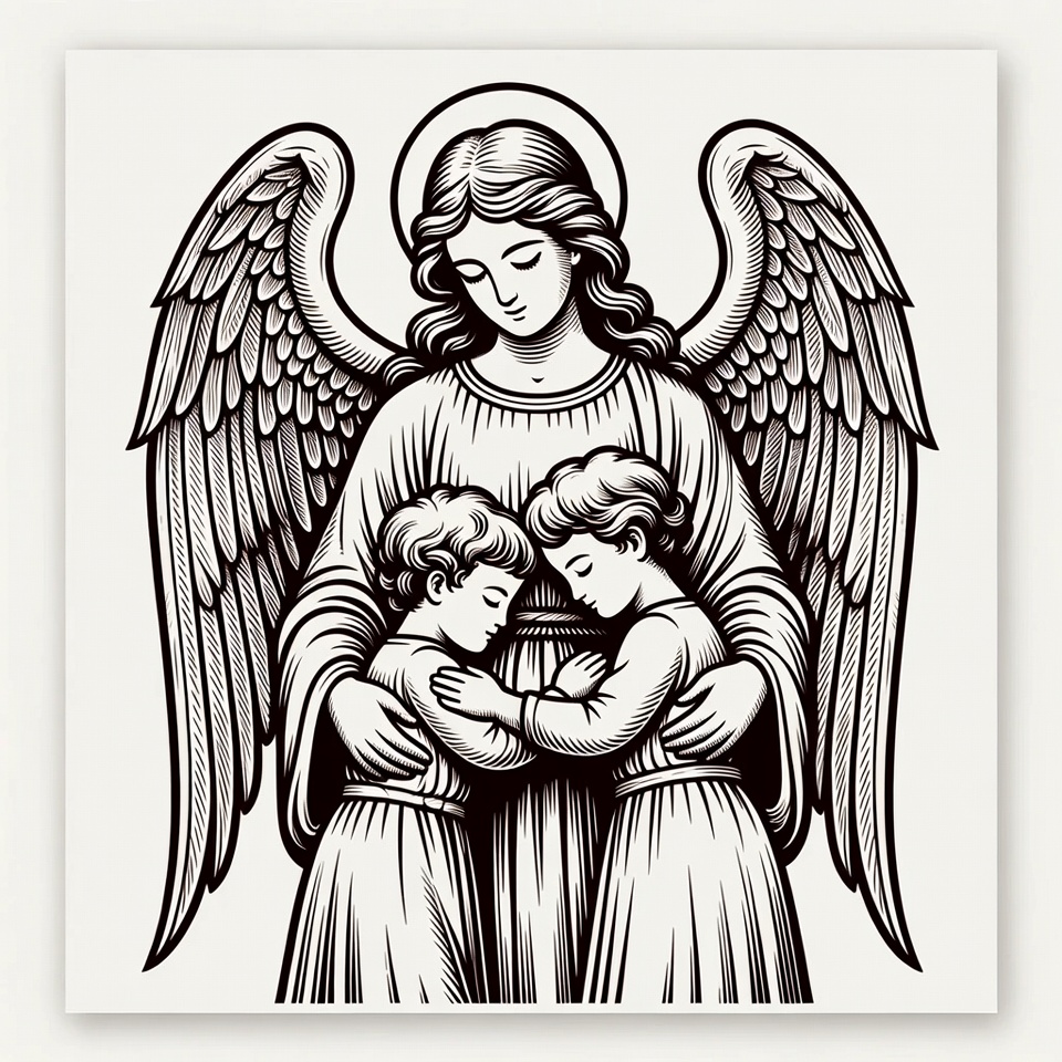 Angel Embracing Two Children Illustration Angel Embracing Two Children Illustration