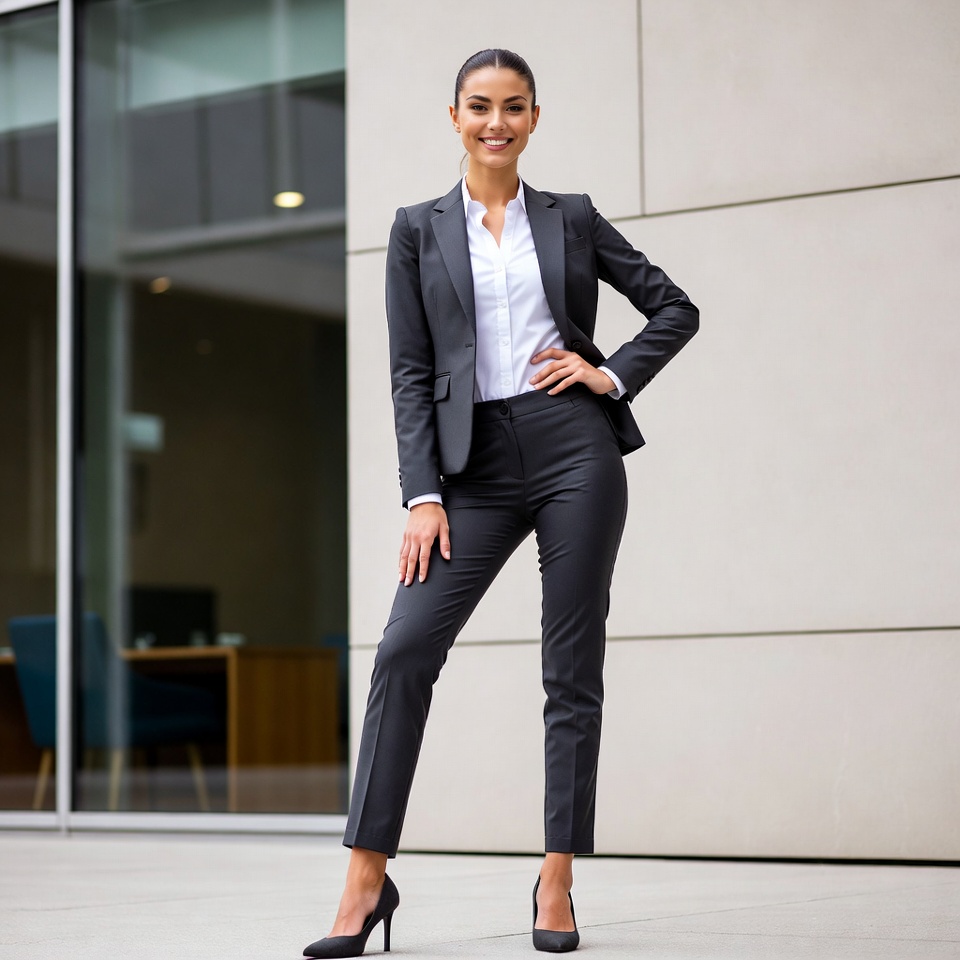 Smiling woman in gray business suit Smiling woman in gray business suit