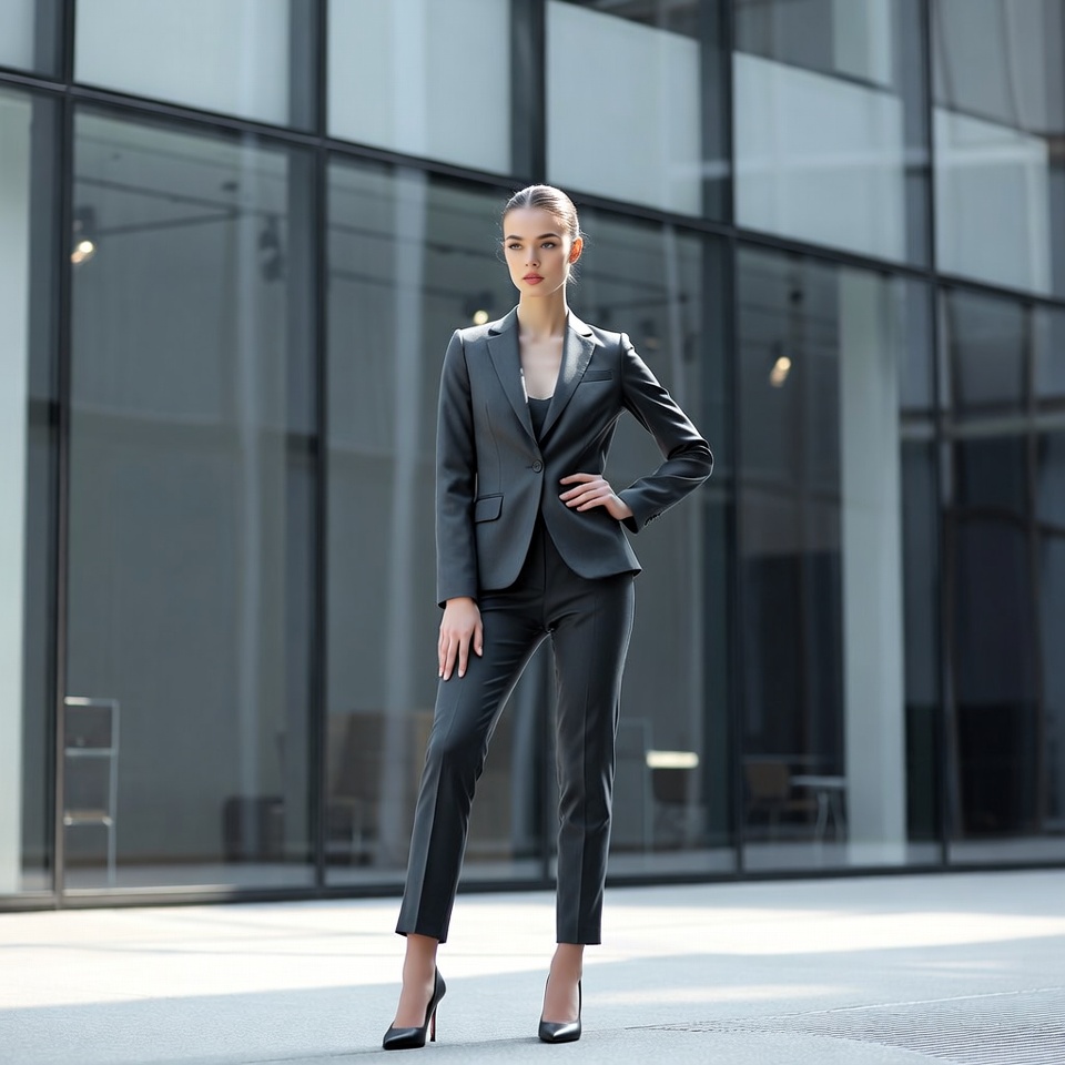 Woman in gray suit outside glass building Woman in gray suit outside glass building