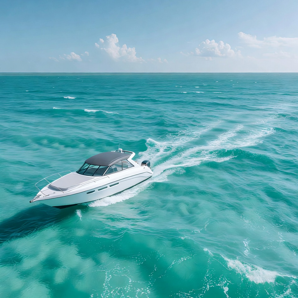 White speedboat cruising turquoise ocean White speedboat cruising turquoise ocean