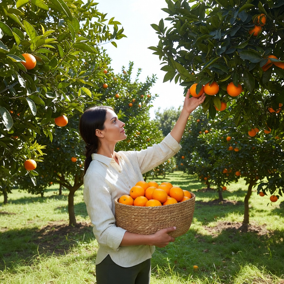Woman picking oranges in orchard Woman picking oranges in orchard
