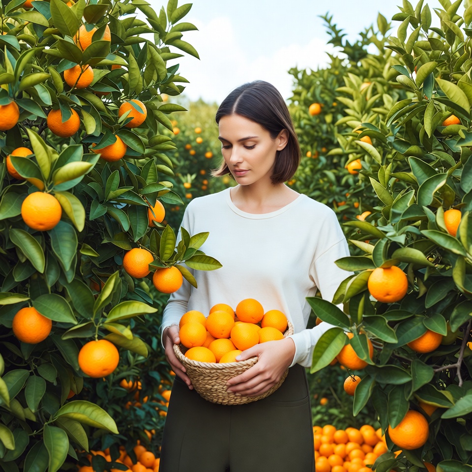 Woman holding oranges in orchard Woman holding oranges in orchard