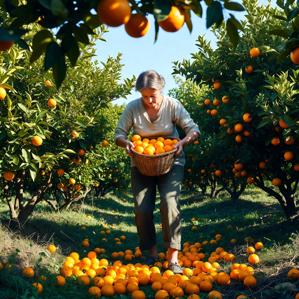 Woman harvesting oranges in orchard Woman harvesting oranges in orchard