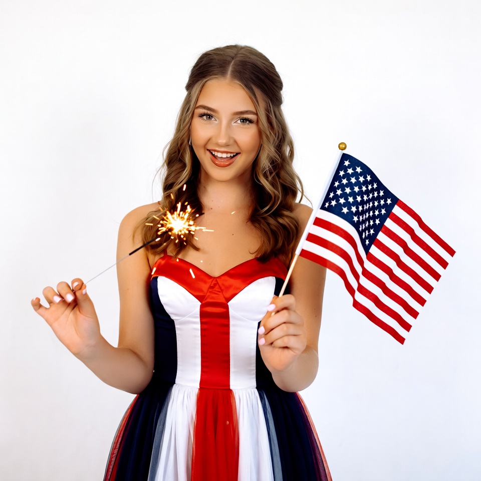 Girl with sparkler and American flag Girl with sparkler and American flag