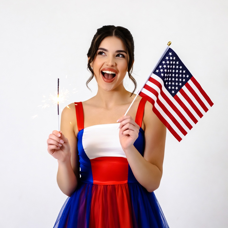 Woman holding flag and sparkler Woman holding flag and sparkler