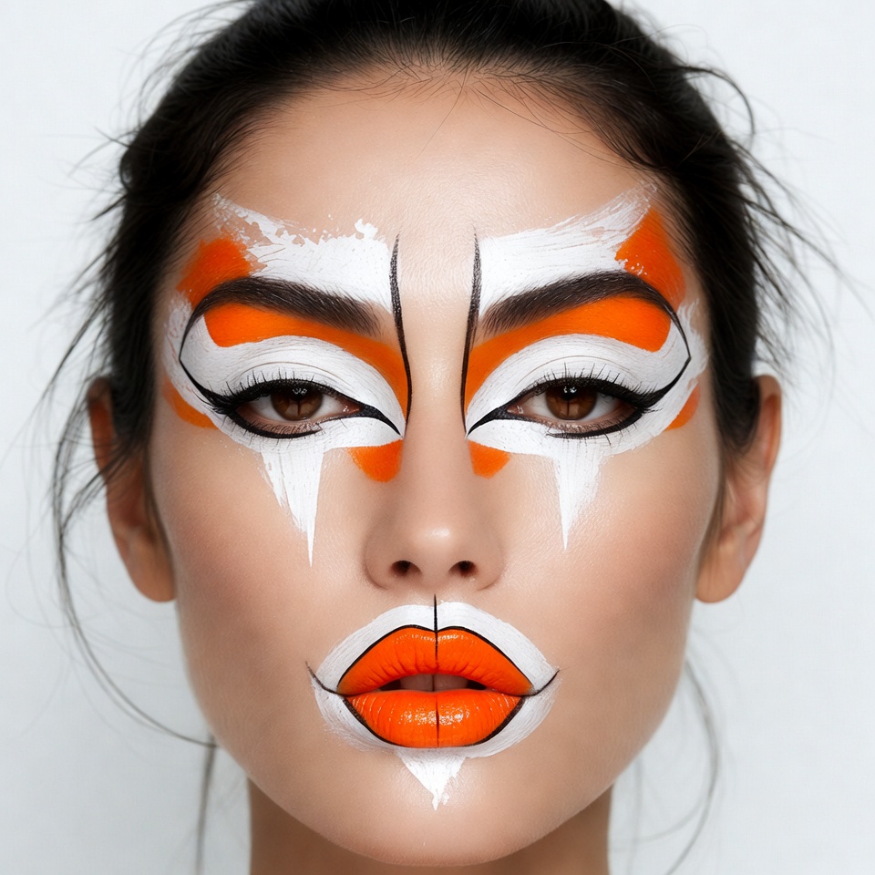 Asian woman with orange white face paint Asian woman with orange white face paint