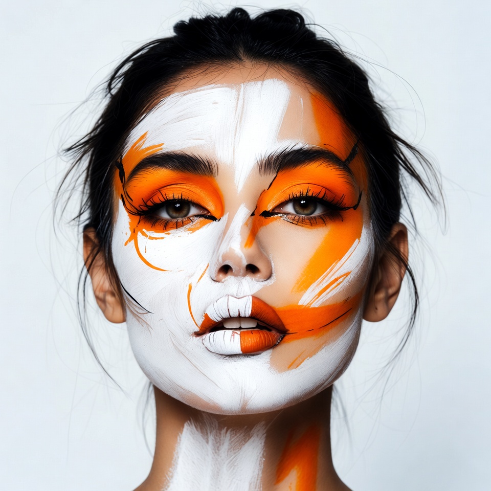 Woman with orange white face paint Woman with orange white face paint