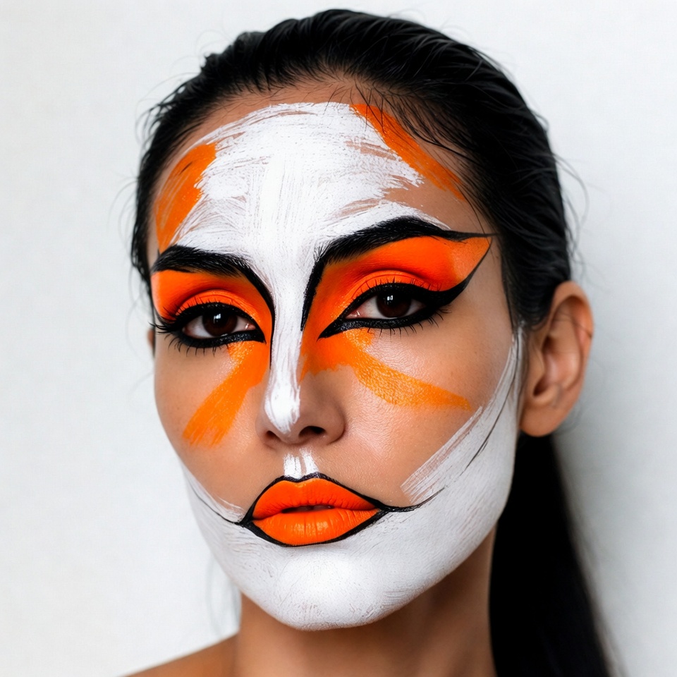 Woman with orange black white face paint Woman with orange black white face paint