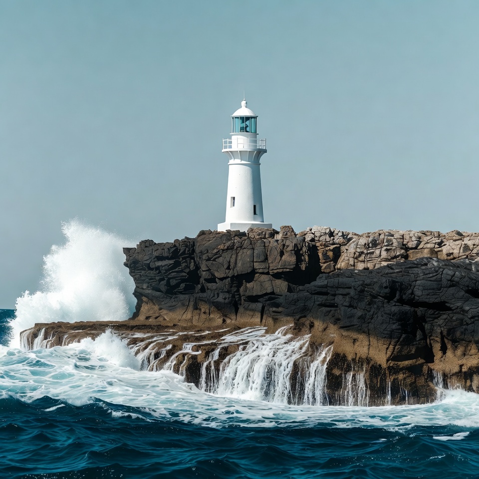 White Lighthouse on Rocky Cliff with Waves White Lighthouse on Rocky Cliff with Waves