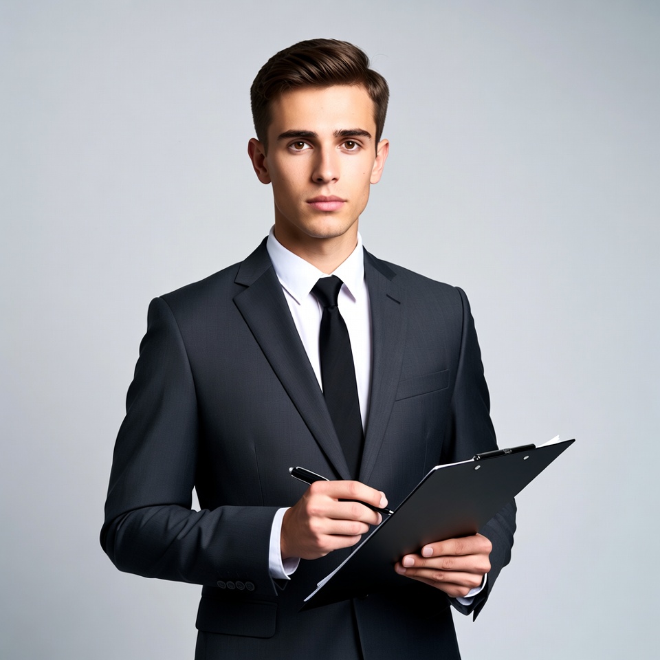 Young man holding clipboard in suit Young man holding clipboard in suit