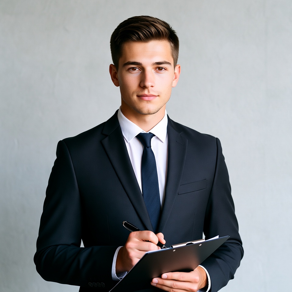 Young man holding clipboard in suit Young man holding clipboard in suit