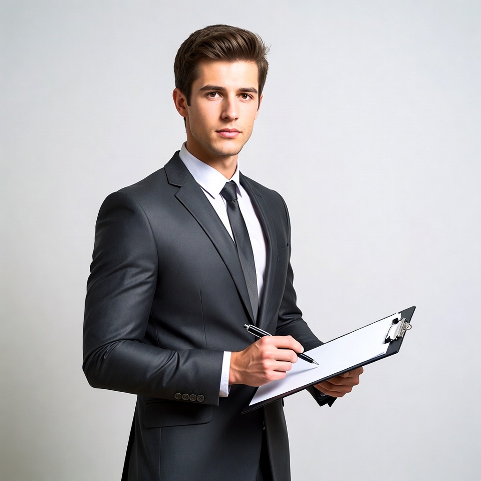 Man writing on clipboard in suit Man writing on clipboard in suit