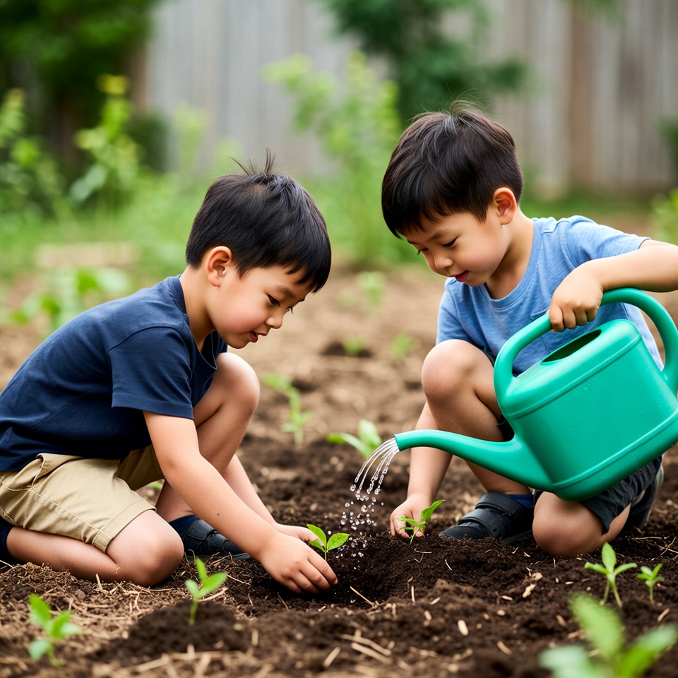 Two Asian boys watering garden plants Two Asian boys watering garden plants