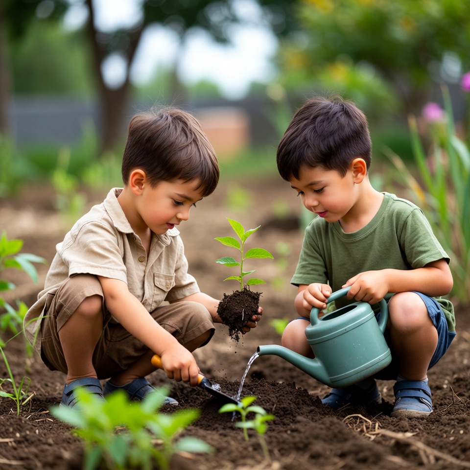 Boys planting tree seedlings in garden Boys planting tree seedlings in garden