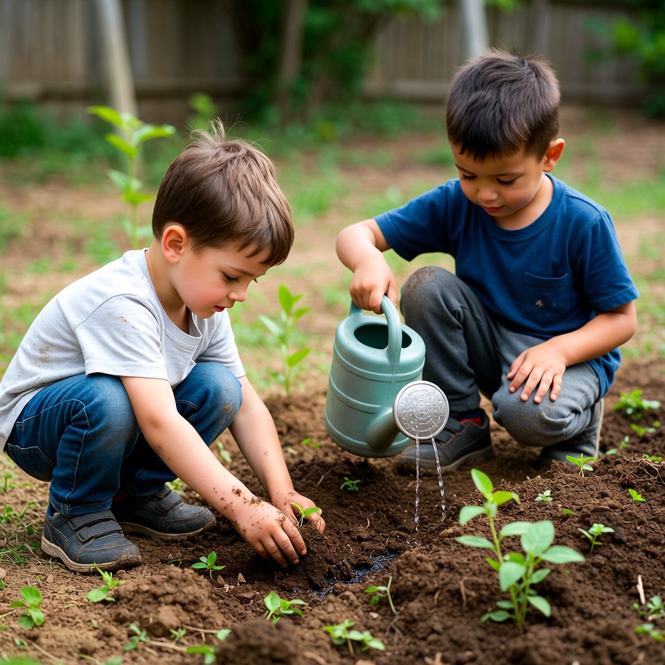 Boys planting and watering seedlings Boys planting and watering seedlings