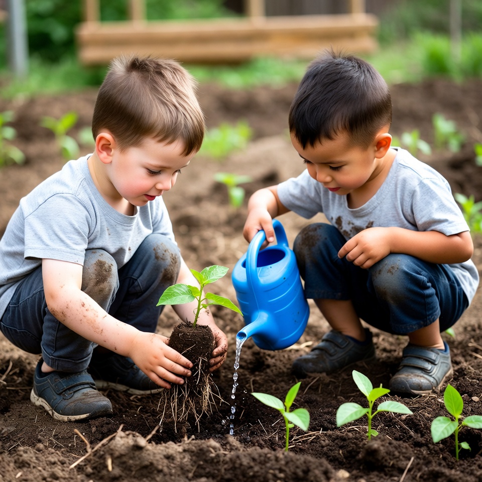 Boys watering plants in garden Boys watering plants in garden