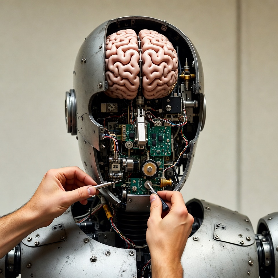 Man repairing robot with exposed brain Man repairing robot with exposed brain