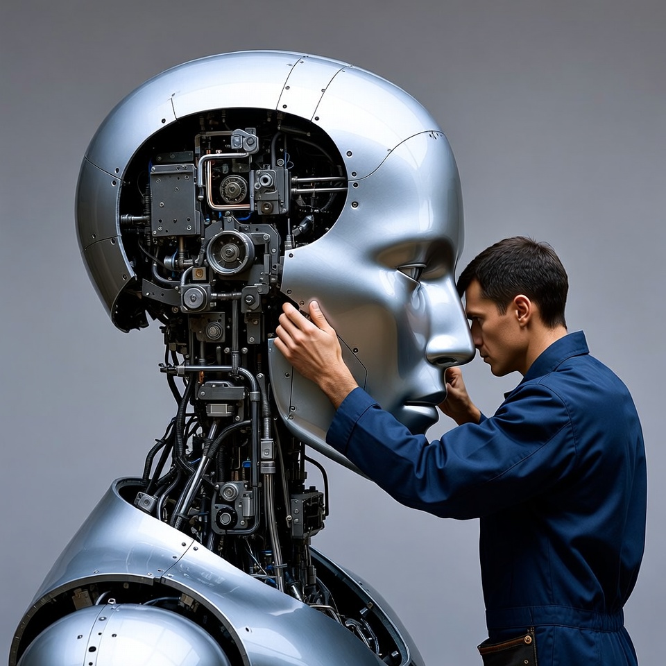 Man repairing robot head Man repairing robot head