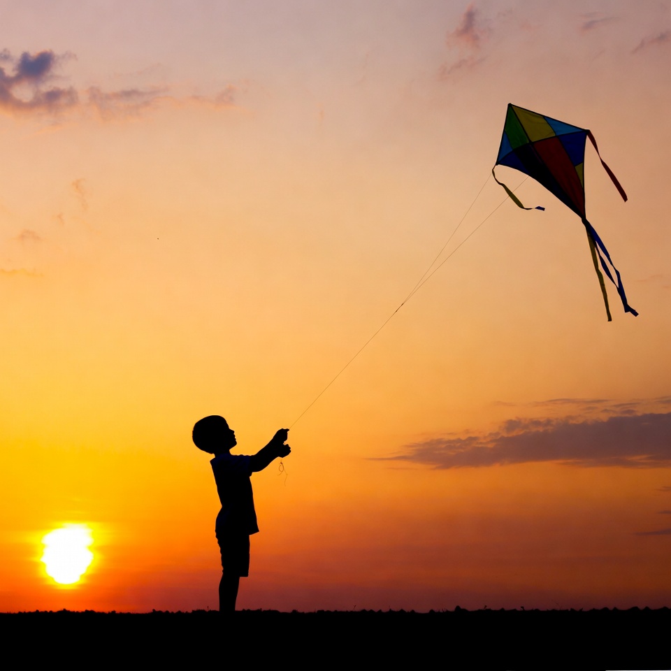 Boy flying kite at sunset silhouette Boy flying kite at sunset silhouette