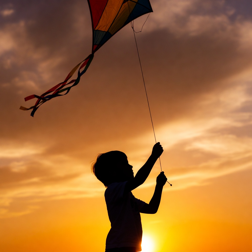 Boy flying colorful kite silhouette sunset Boy flying colorful kite silhouette sunset