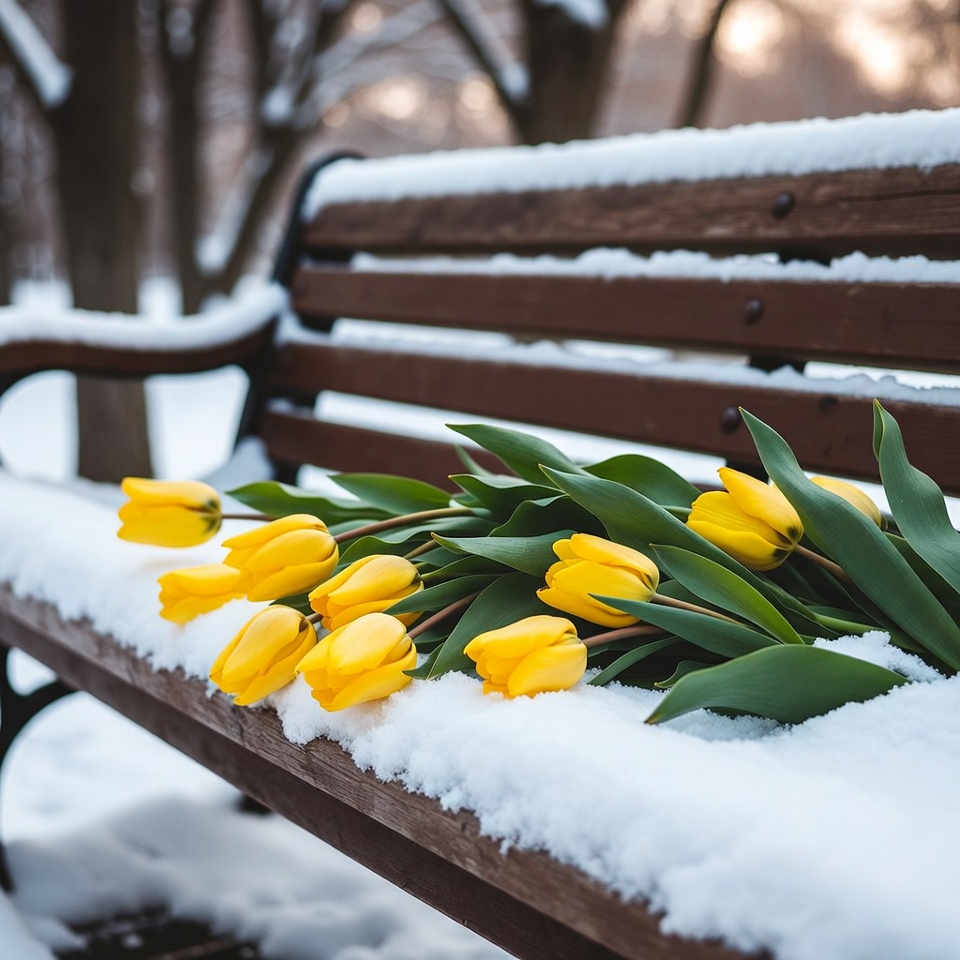 Yellow Tulips on Snowy Bench Yellow Tulips on Snowy Bench